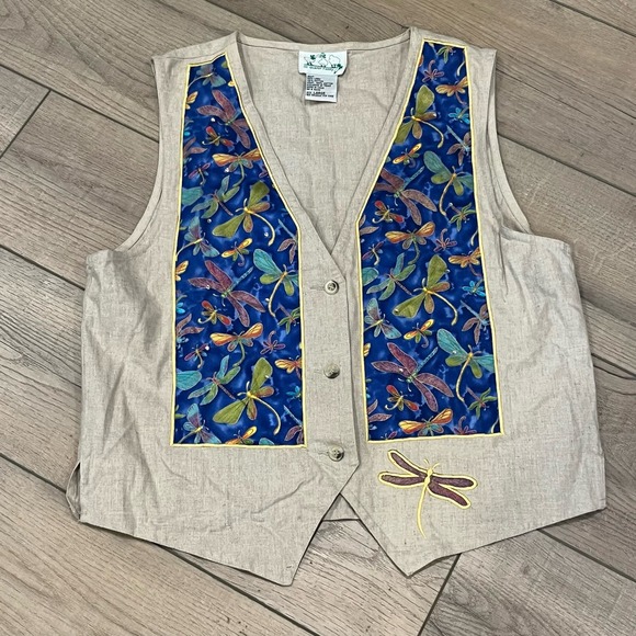 Sz Large Vintage The Quacker Factory Linen Cotton Blend Dragonfly Vest Women’s - Picture 1 of 7